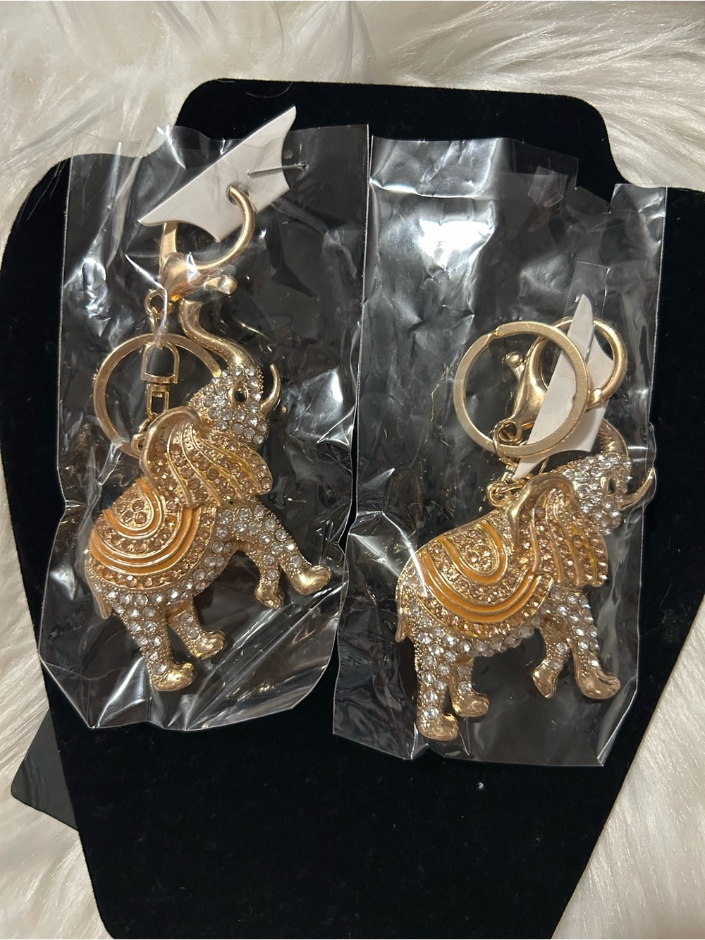 Gold Crystal Elephant Keychain Pair
